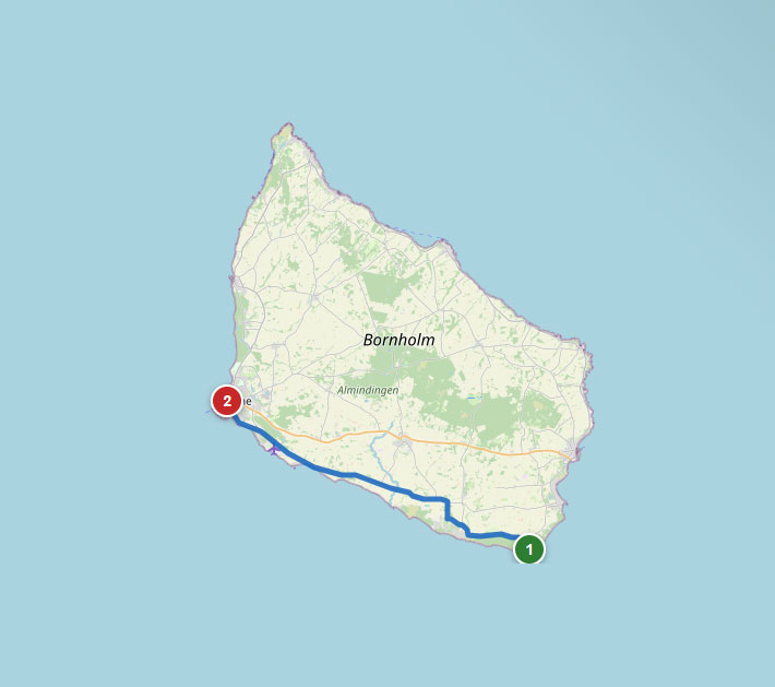 Mapa trasy rowerowej nr 10 – Dueodde – Rønne